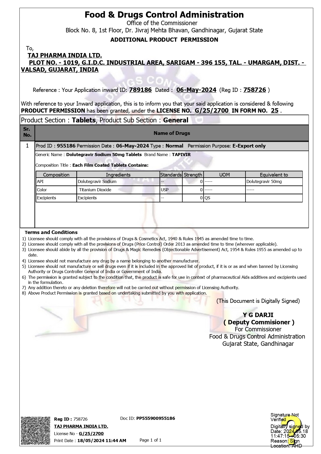 FDA Manufacturing License - TAPIVIR 50